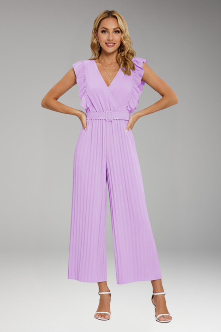 Women's Jumpsuit with Ruffle Sleeves and Waist Belt