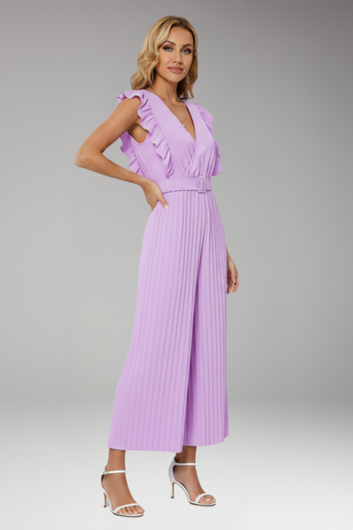 Women's Jumpsuit with Ruffle Sleeves and Waist Belt