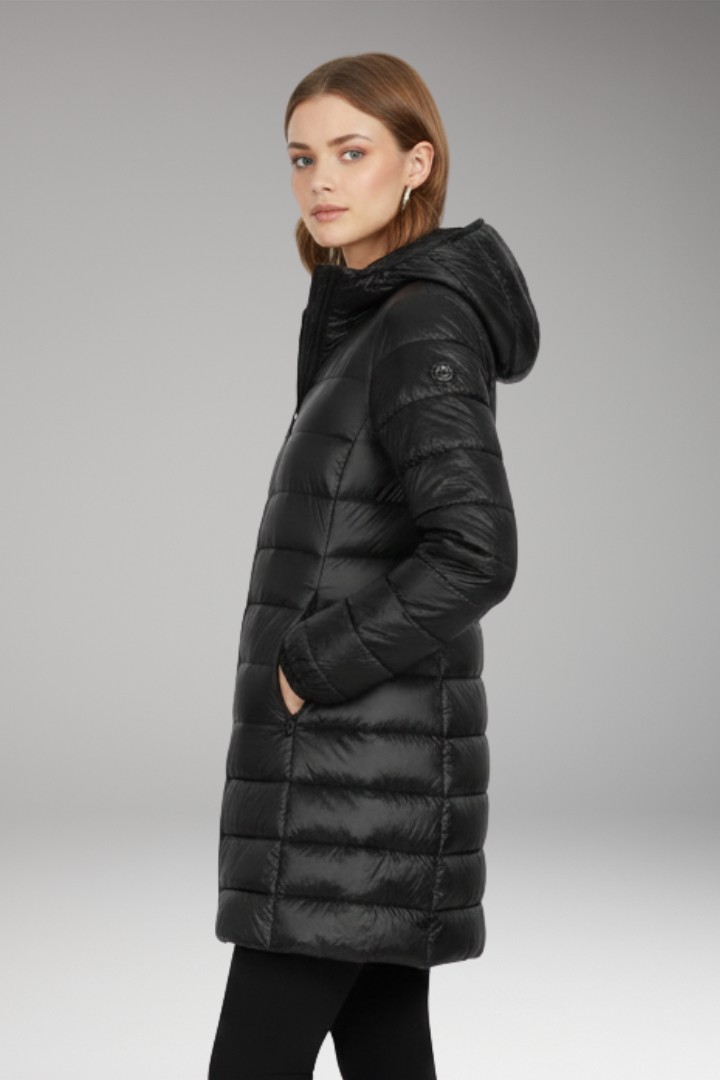 Women’s Long Jacket with Hood and Quilted Surface
