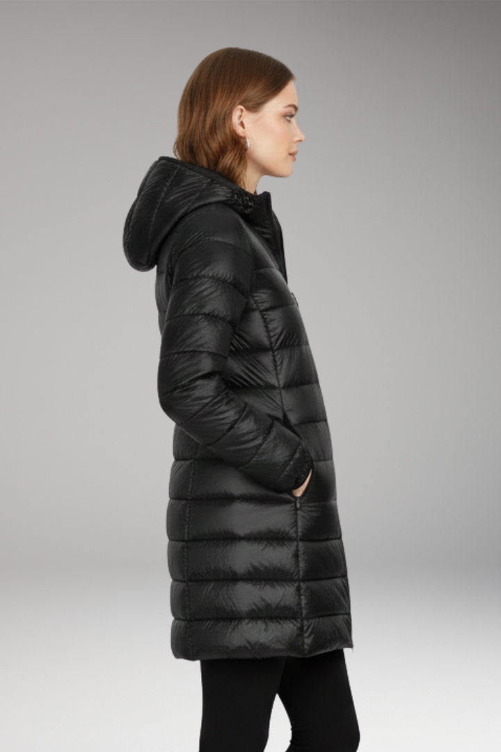 Women’s Long Jacket with Hood and Quilted Surface