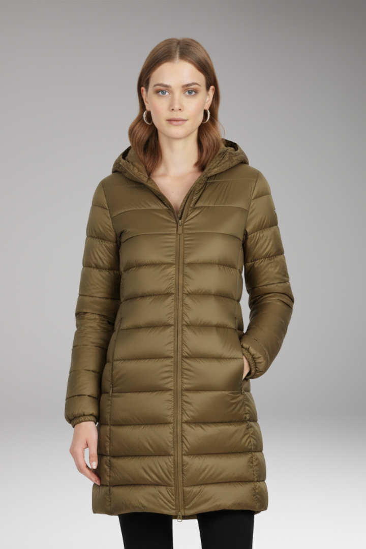 Women’s Long Jacket with Hood and Quilted Surface
