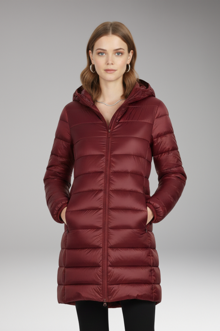 Women’s Long Jacket with Hood and Quilted Surface