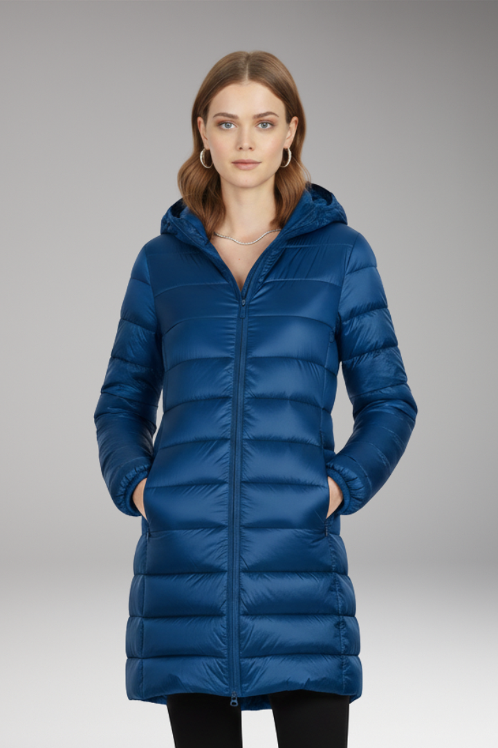 Women’s Long Jacket with Hood and Quilted Surface