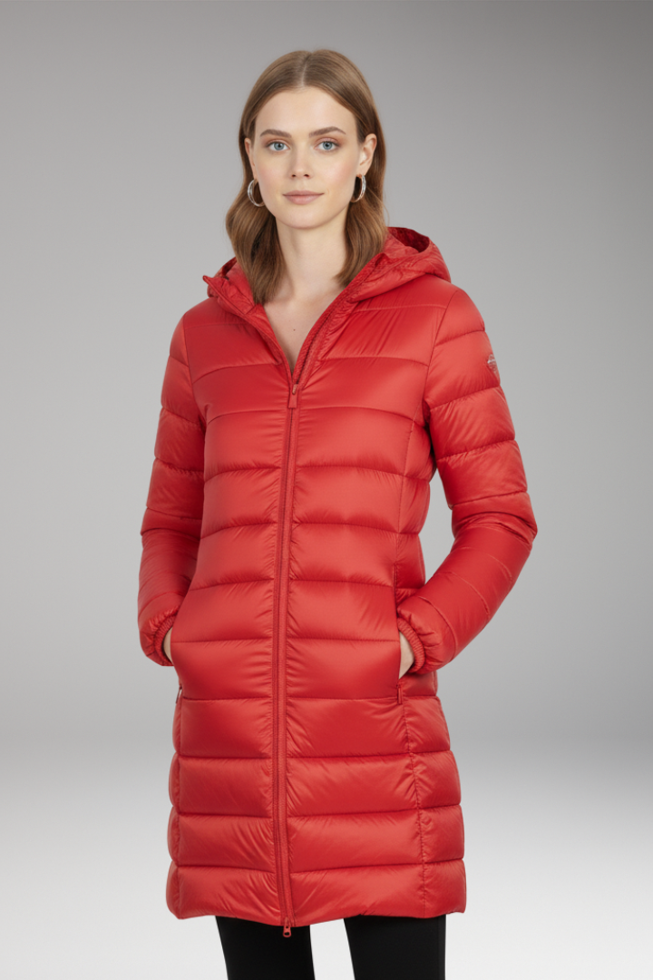 Women’s Long Jacket with Hood and Quilted Surface