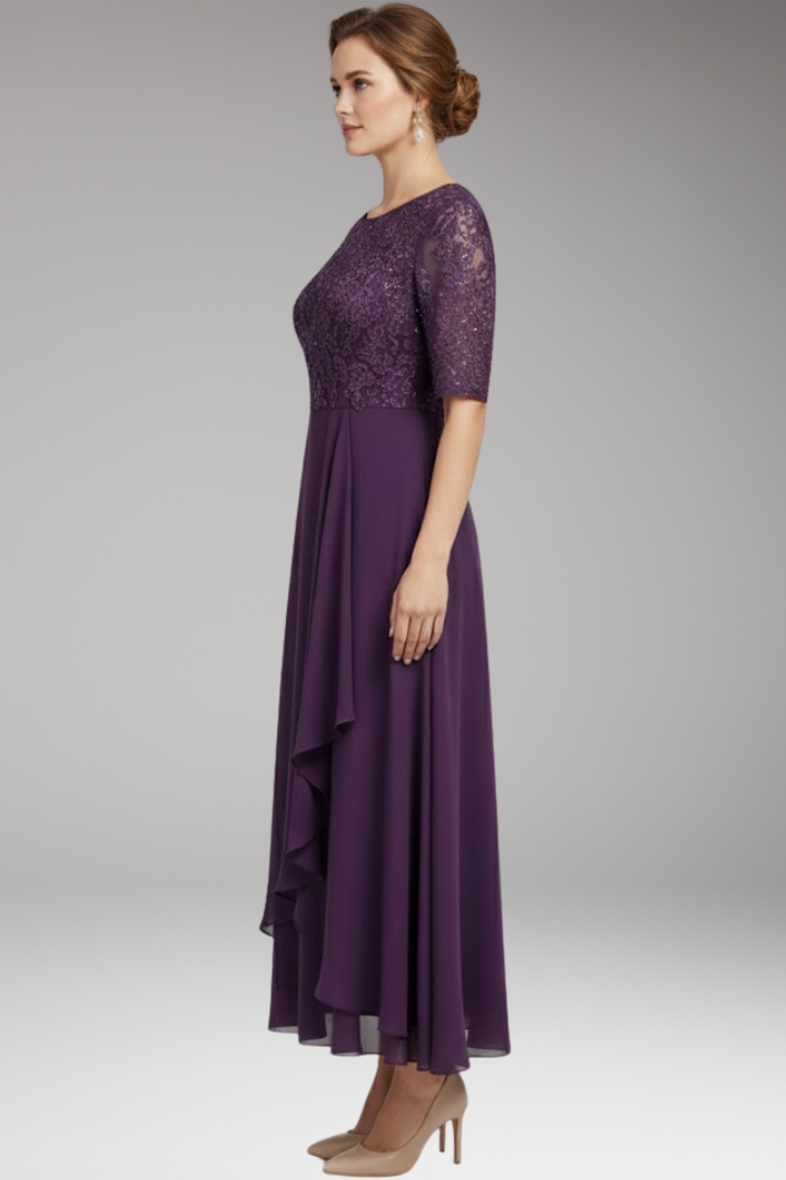Women's Midi Dress with High Waist and Short Sleeves