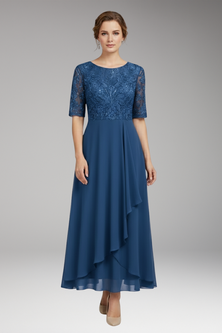 Women's Midi Dress with High Waist and Short Sleeves