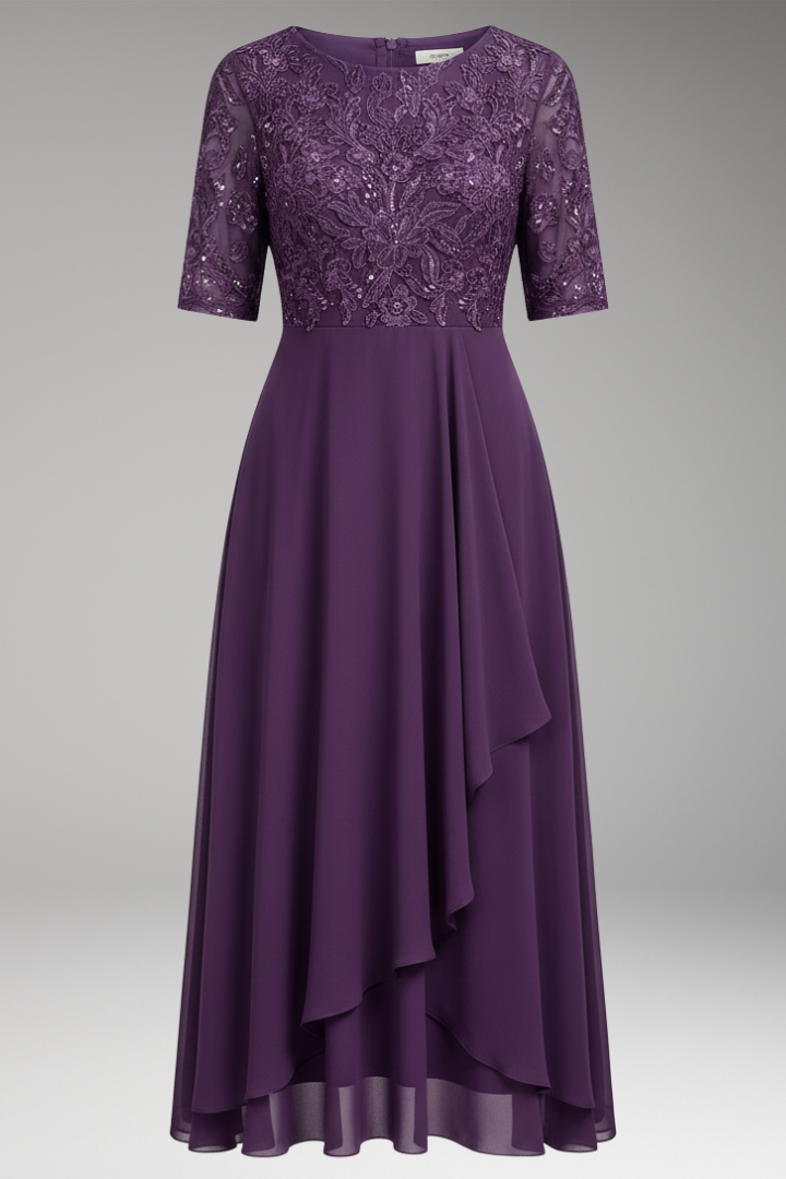 Women's Midi Dress with High Waist and Short Sleeves