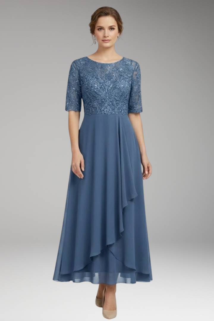 Women's Midi Dress with High Waist and Short Sleeves