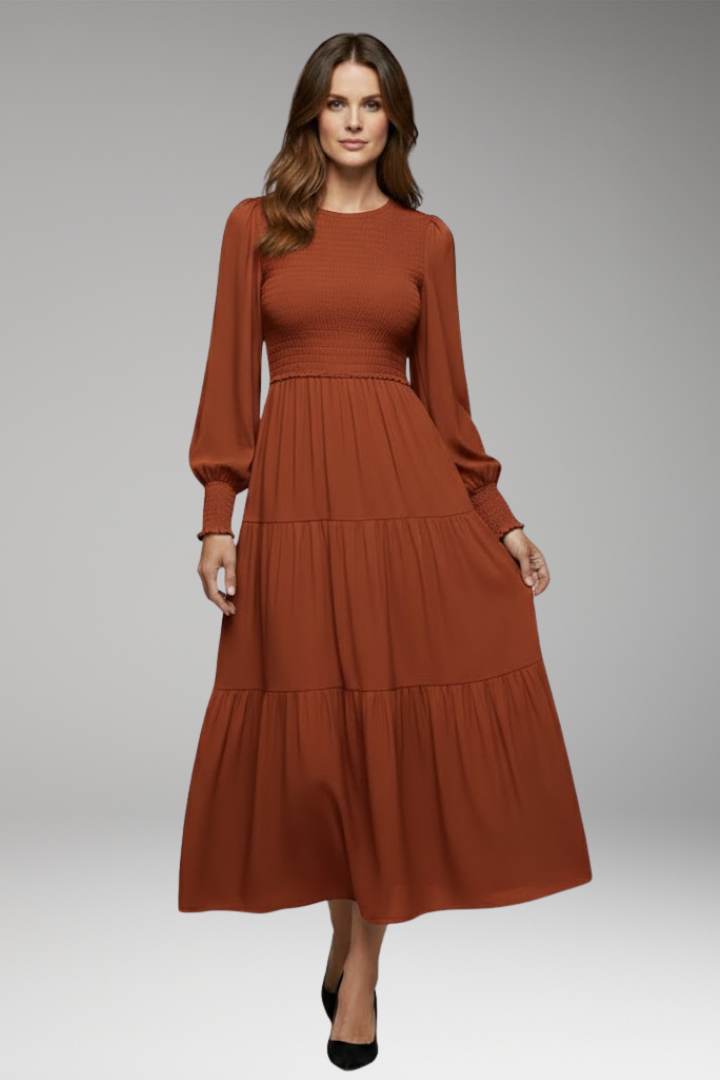 Women's Midi Dress with Long Sleeves and Tiered Design