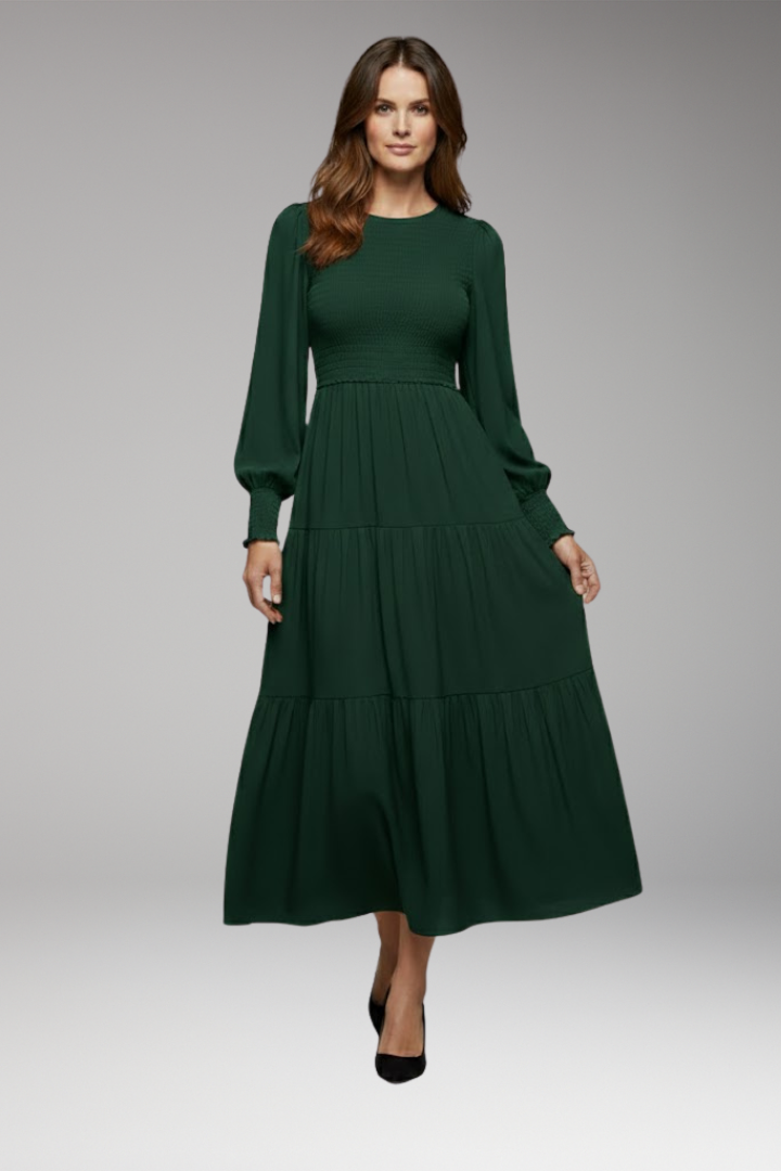 Women's Midi Dress with Long Sleeves and Tiered Design