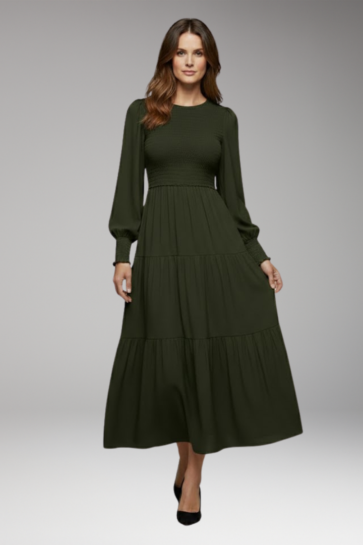 Women's Midi Dress with Long Sleeves and Tiered Design