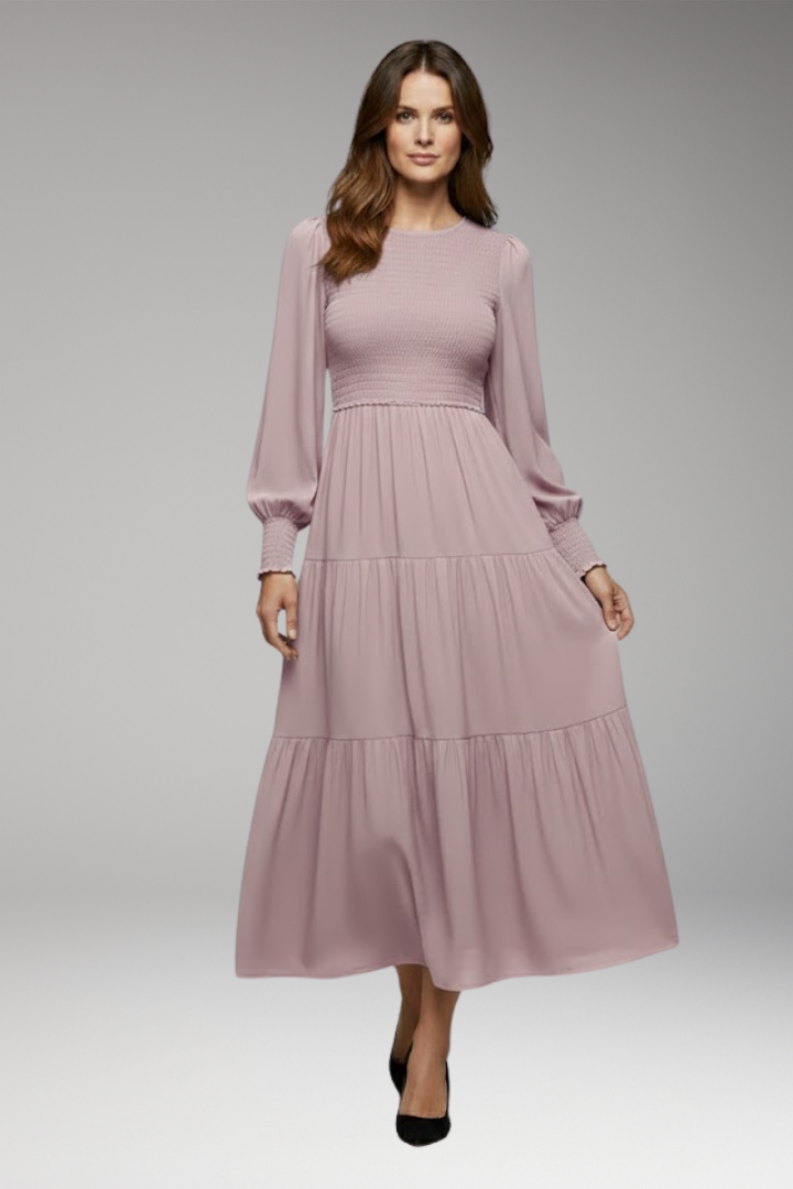 Women's Midi Dress with Long Sleeves and Tiered Design