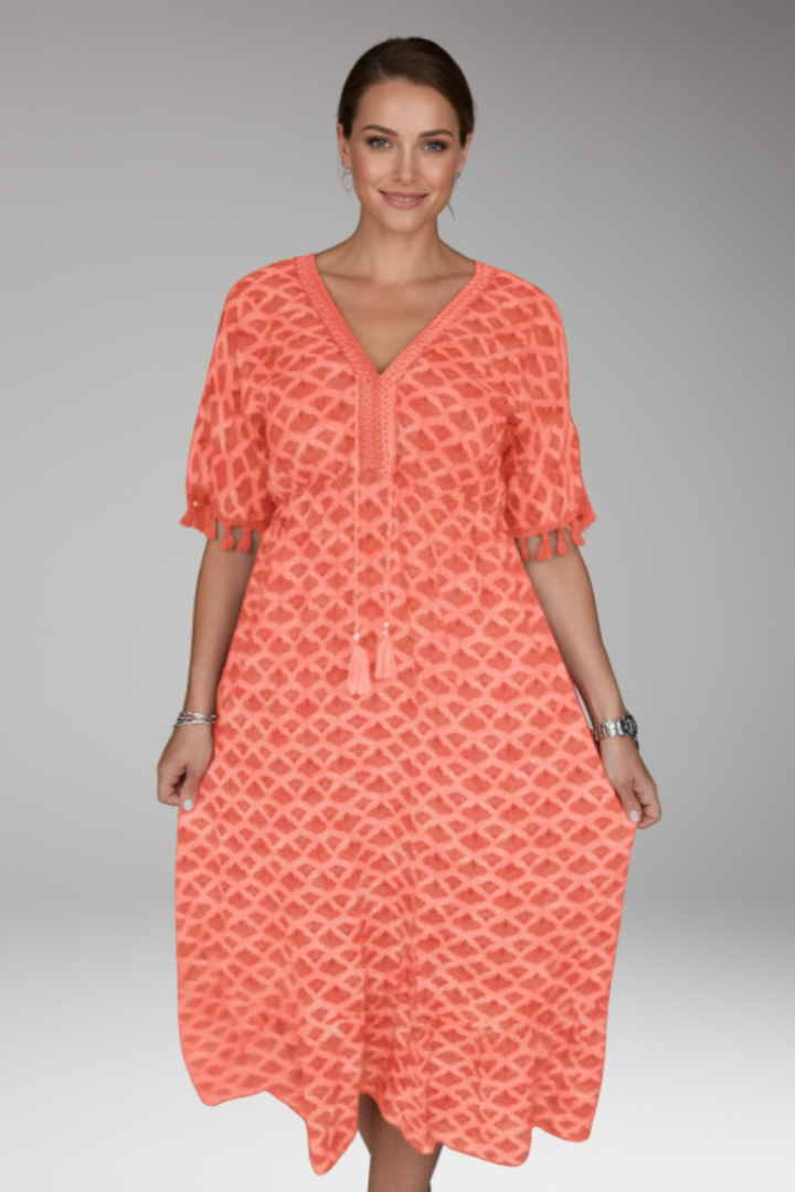 Women's Midi Dress with Short Sleeves and Printed Surface