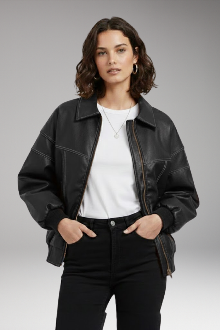 Women’s Padded Bomber Jacket with Zipper and Ribbed Edges
