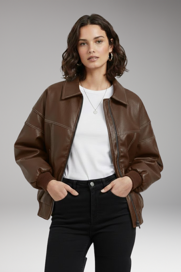 Women’s Padded Bomber Jacket with Zipper and Ribbed Edges