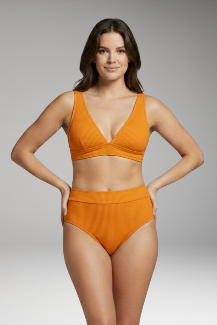 Women’s Ribbed Bikini Set with V-Neck and High-Waisted Bottoms