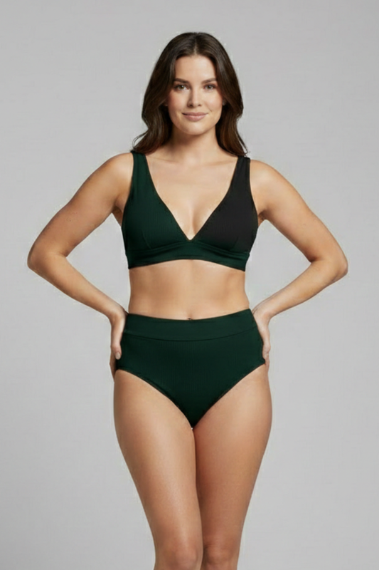 Women’s Ribbed Bikini Set with V-Neck and High-Waisted Bottoms