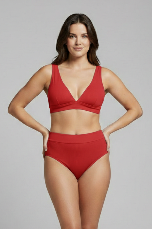 Women’s Ribbed Bikini Set with V-Neck and High-Waisted Bottoms