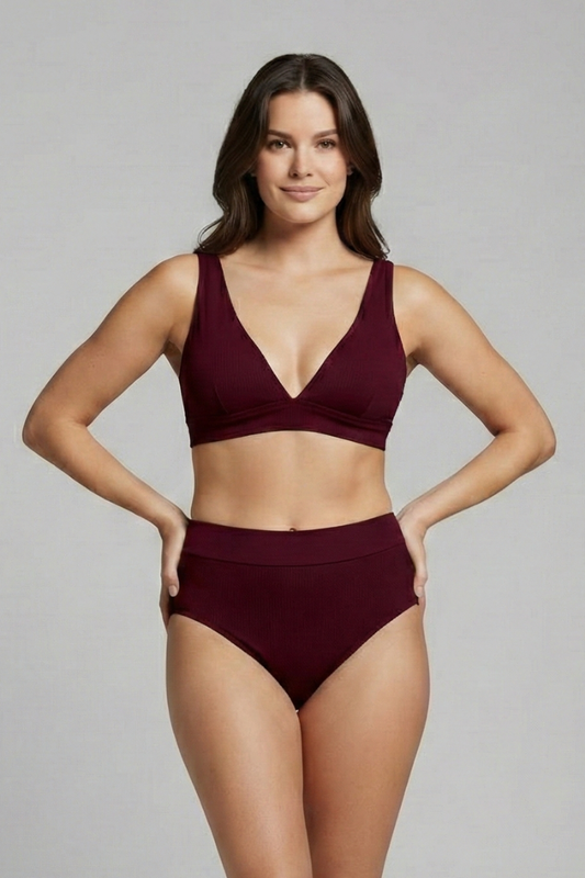 Women’s Ribbed Bikini Set with V-Neck and High-Waisted Bottoms
