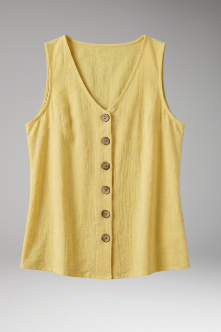 Women's Sleeveless Blouse with V Neck and Button Front