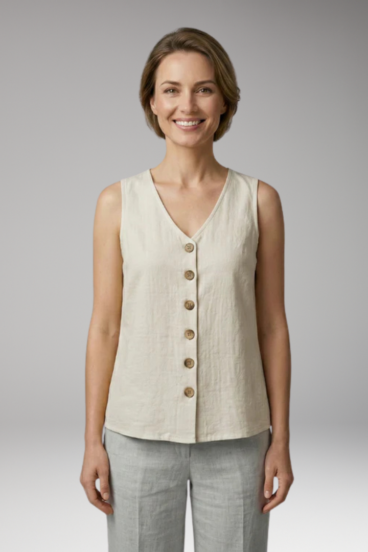 Women's Sleeveless Blouse with V Neck and Button Front