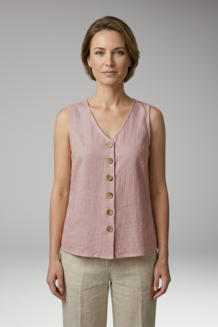 Women's Sleeveless Blouse with V Neck and Button Front