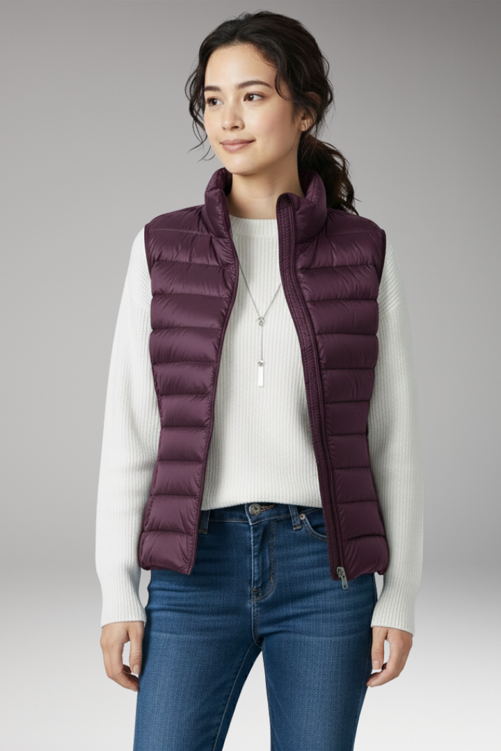 Women’s Sleeveless Jacket with Stand-Up Collar and Quilted Design