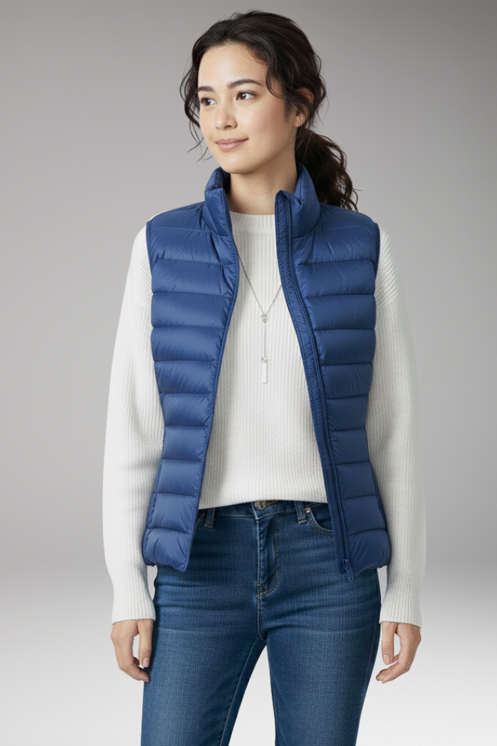 Women’s Sleeveless Jacket with Stand-Up Collar and Quilted Design