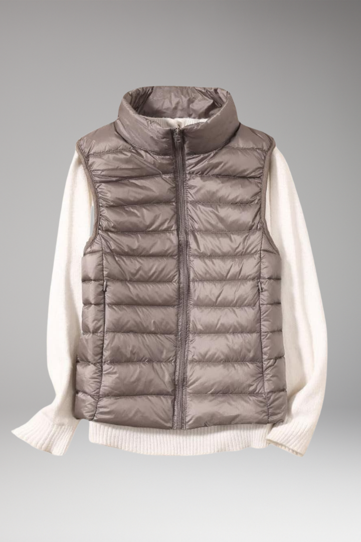 Women’s Sleeveless Jacket with Stand-Up Collar and Quilted Design