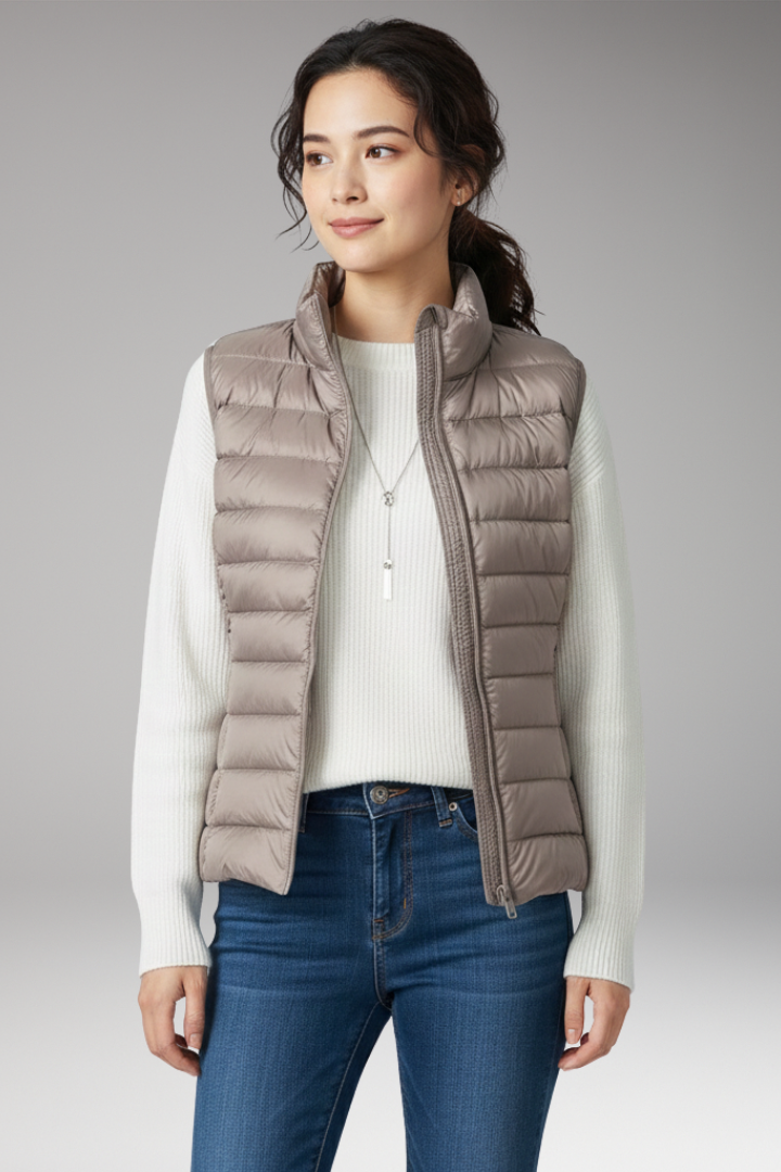 Women’s Sleeveless Jacket with Stand-Up Collar and Quilted Design