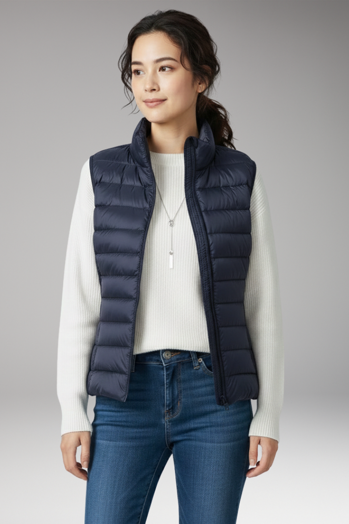 Women’s Sleeveless Jacket with Stand-Up Collar and Quilted Design