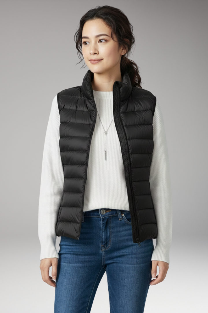 Women’s Sleeveless Jacket with Stand-Up Collar and Quilted Design