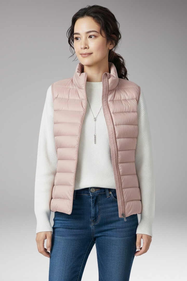 Women’s Sleeveless Jacket with Stand-Up Collar and Quilted Design
