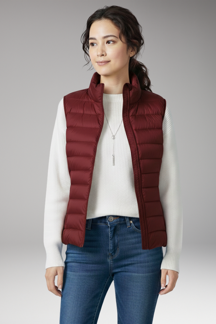 Women’s Sleeveless Jacket with Stand-Up Collar and Quilted Design