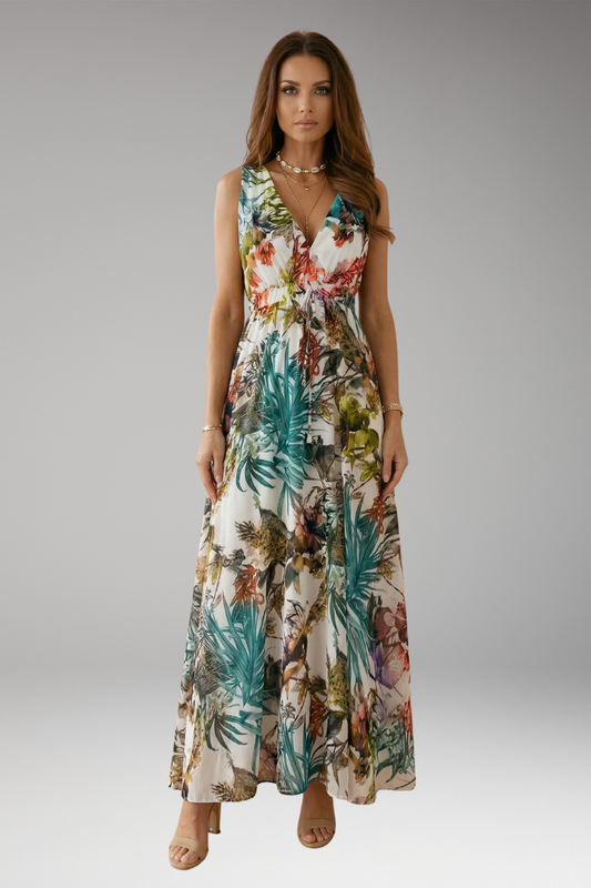 Women's Sleeveless Maxi Dress with Tropical Print and V-Neck