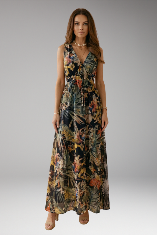 Women's Sleeveless Maxi Dress with Tropical Print and V-Neck