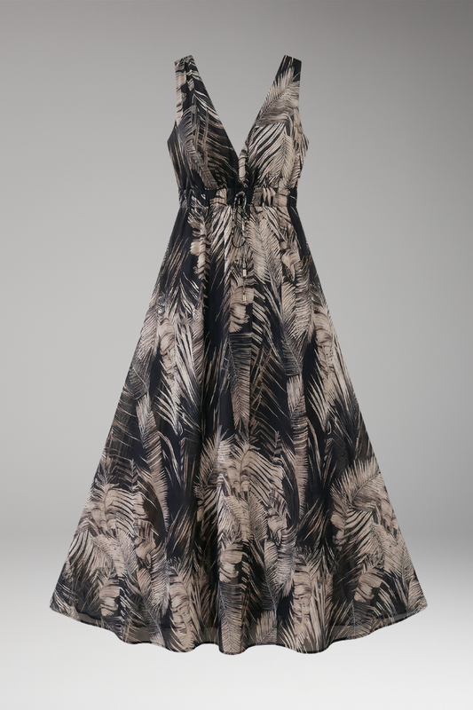 Women's Sleeveless Maxi Dress with Tropical Print and V-Neck