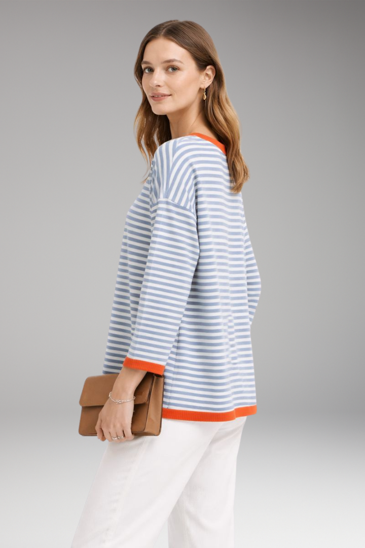 Women’s Striped Top with Contrasting Trim and Long Sleeves