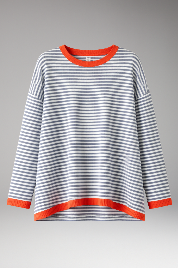 Women’s Striped Top with Contrasting Trim and Long Sleeves