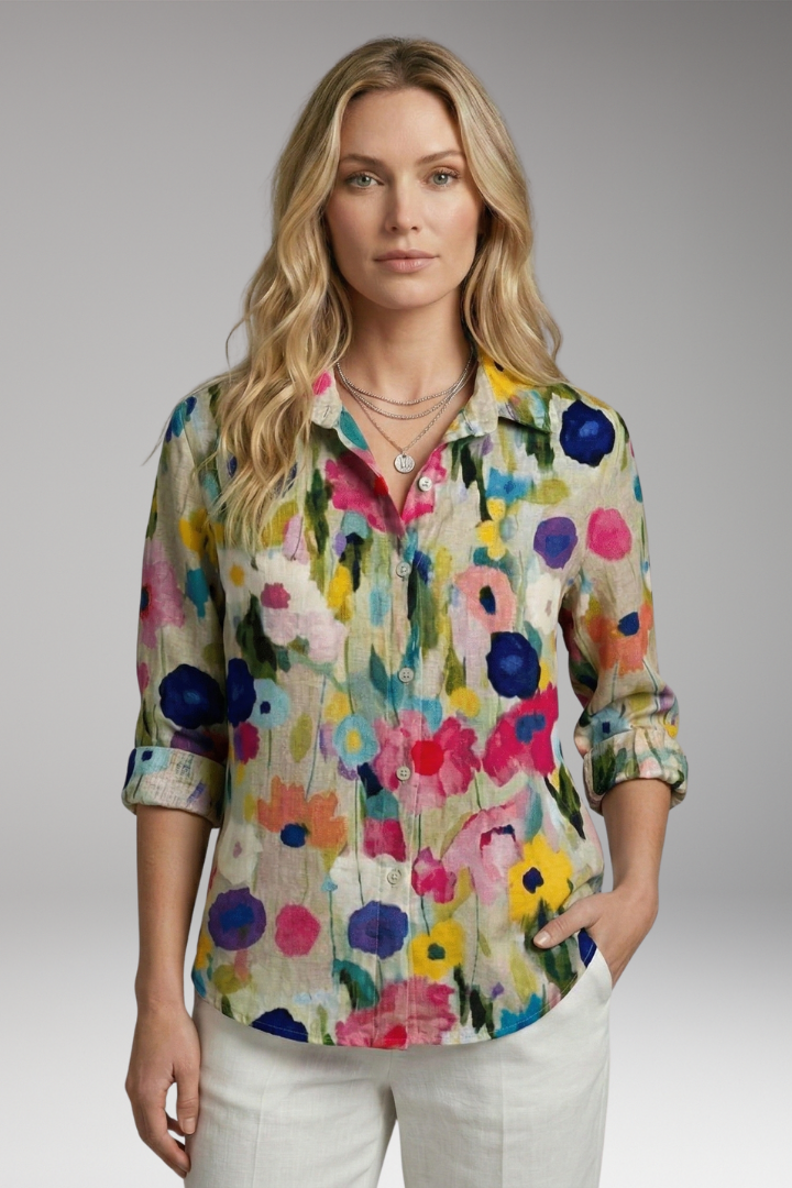 Women's Button-Down Blouse with Floral Print and Rolled-Up Sleeves