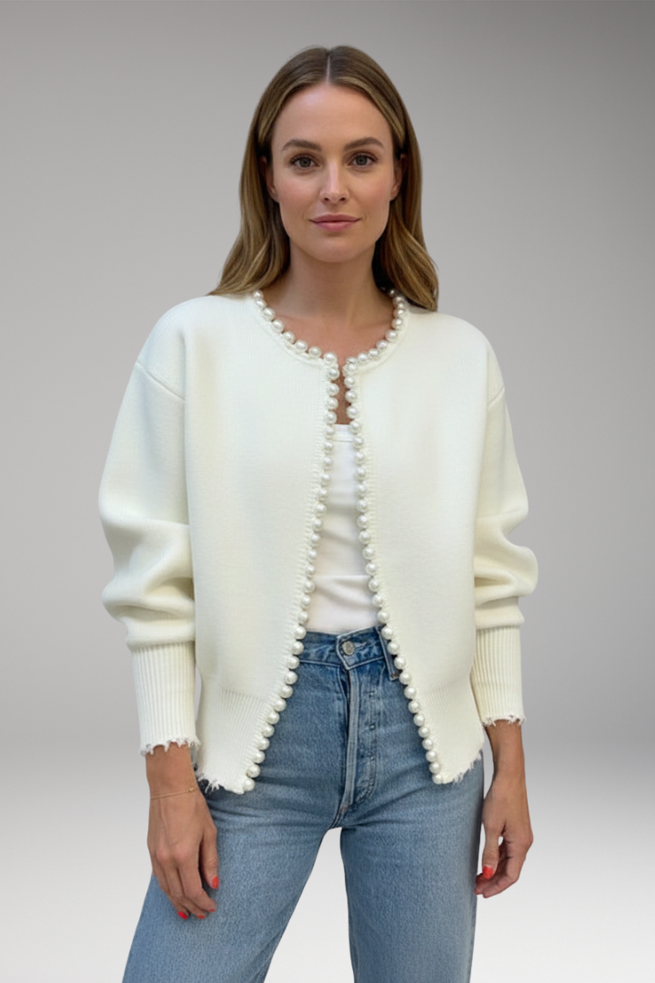 Women’s Cardigan with Pearl Trim and Raw Hem