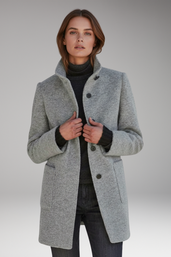 Women’s Coat with High Collar and Button Fastening