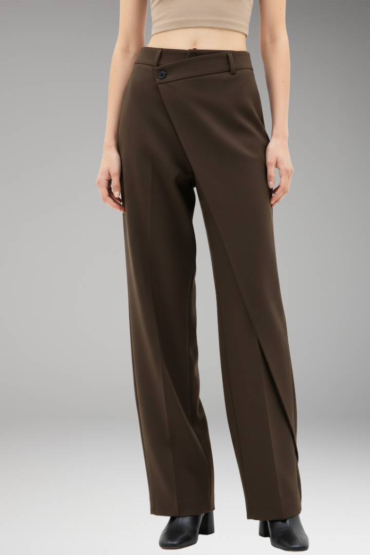 Women's Dress Trousers with Asymmetrical Layer and Wide Legs