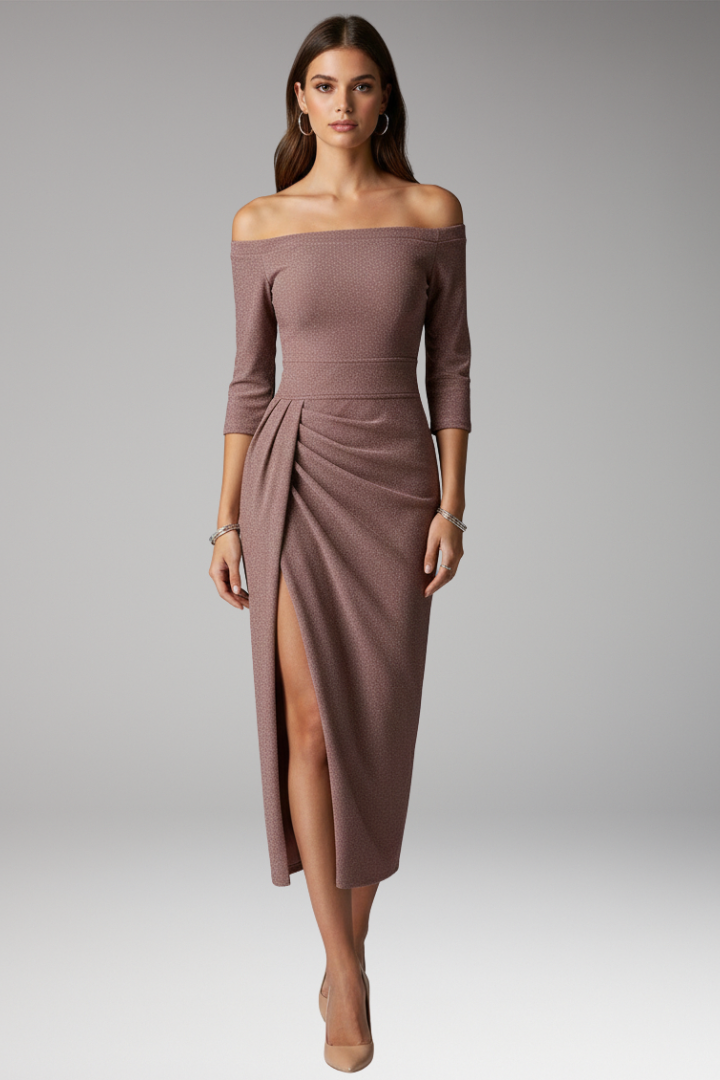 Women’s Gala Dress with Off-Shoulder Neckline and Long Sleeves