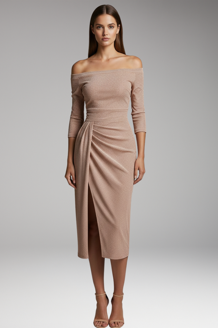 Women’s Gala Dress with Off-Shoulder Neckline and Long Sleeves