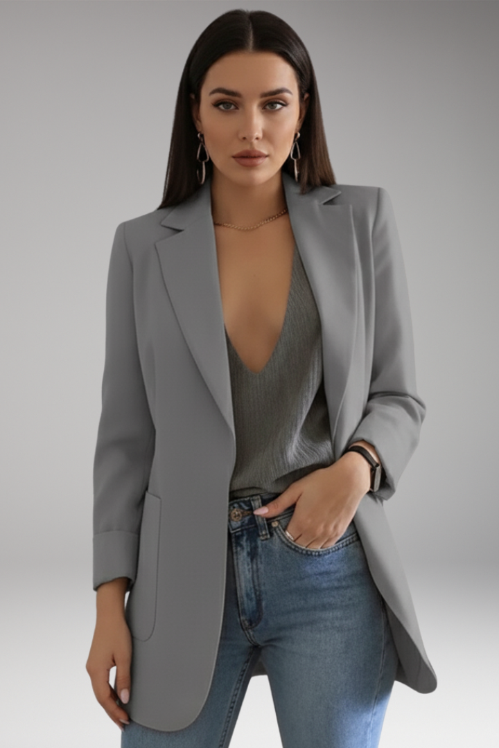 Women’s Long Blazer with Open Front and Patch Pocket