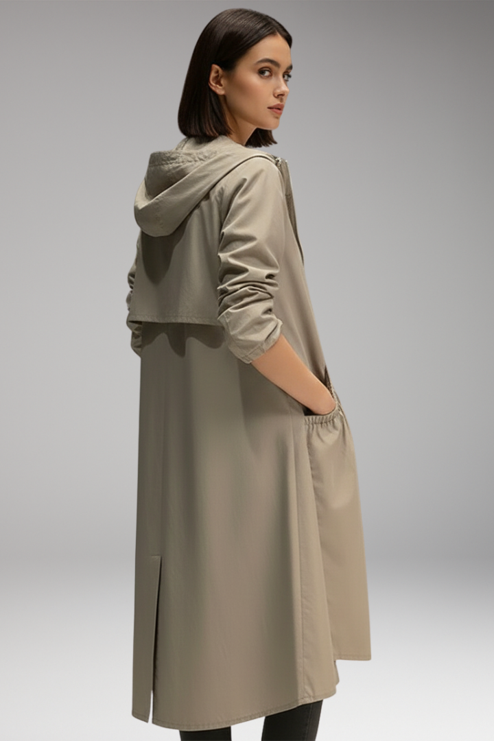 Women’s Long Coat with Hood and Front Zip