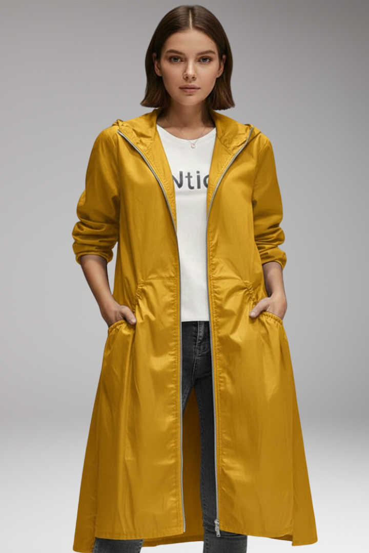Women’s Long Coat with Hood and Front Zip
