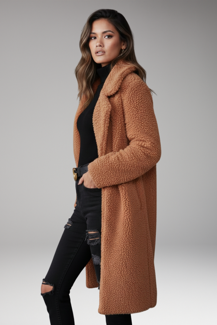 Women’s Long Coat with Lapel Collar and Textured Outer Surface