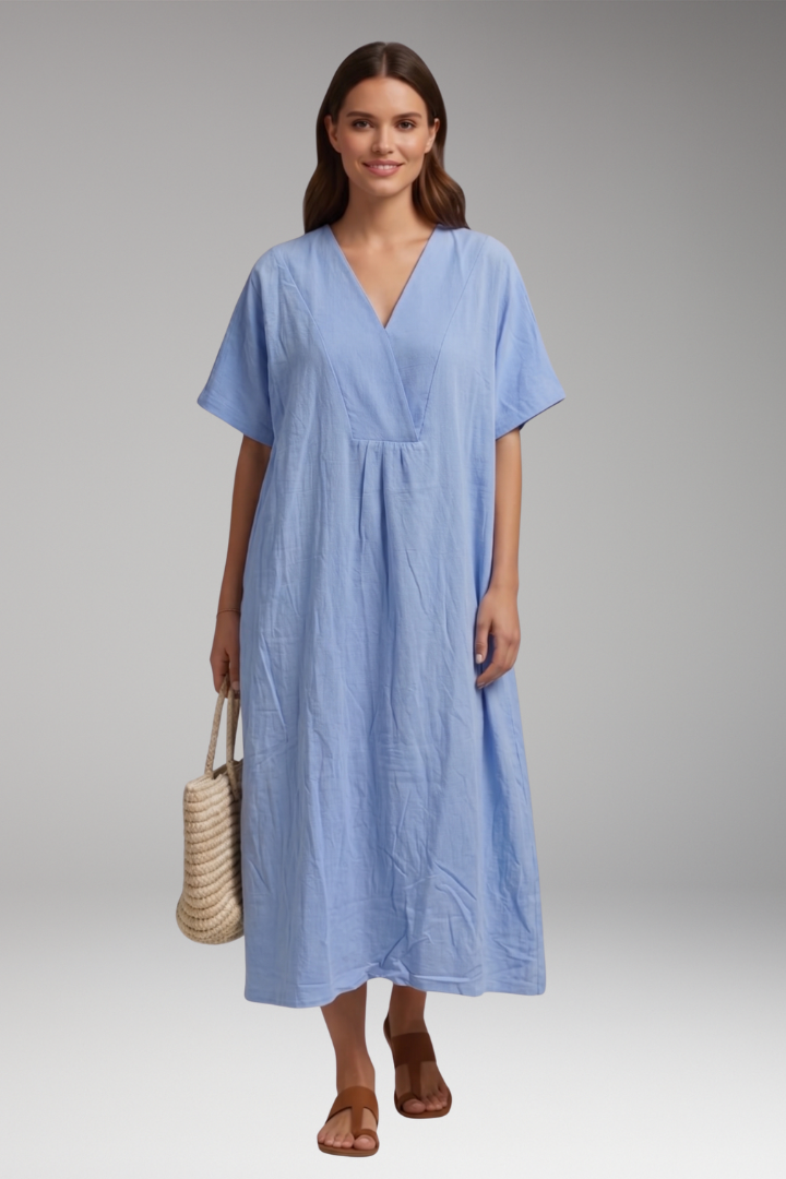 Women's Midi Dress with Short Sleeves and Textured Surface